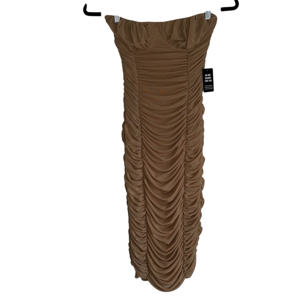 NWT Express Strapless‎ Ruched Mesh Mini Dress size S nude tan bodycon